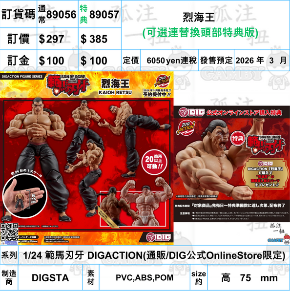 訂貨碼:89056&89057 <訂價$297&385> #烈海王=1/24 範馬刃牙 DIGACTION