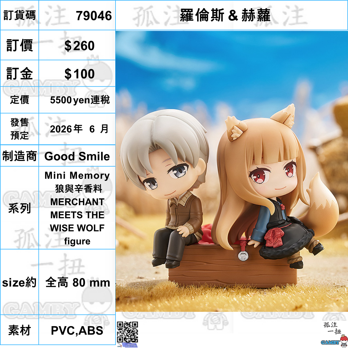 訂貨碼:79046 <訂價$260> #(免手續費)羅倫斯＆赫蘿=Mini Memory 狼與辛香料 MERCHANT MEETS THE WISE WOLF figure