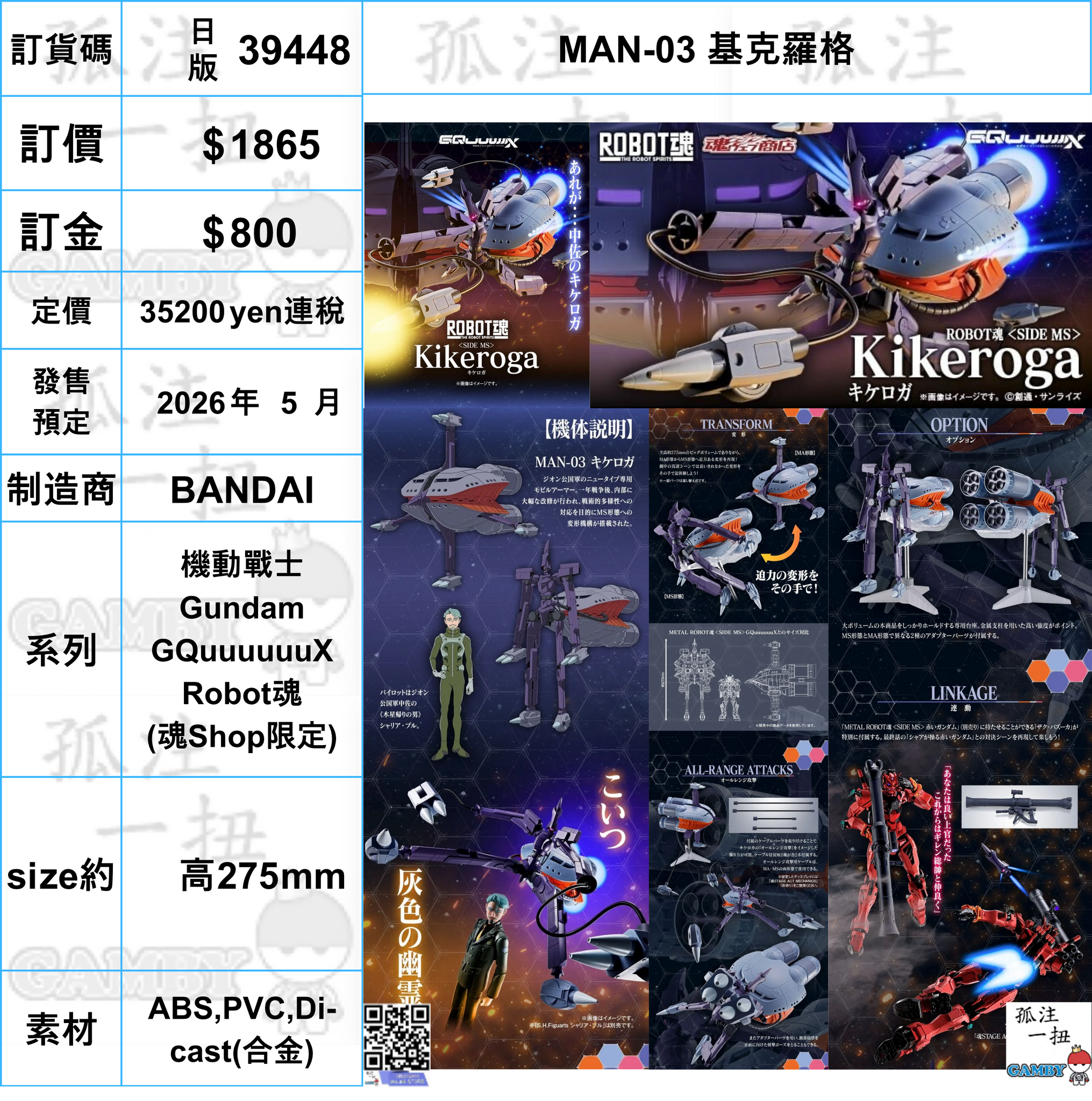 訂貨碼:39448 <訂價$1865> #(日版)MAN-03 基克羅格=機動戰士Gundam GQuuuuuuX Robot魂