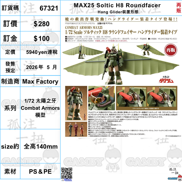 訂貨碼:67321 <訂價$280> #(免手續費)MAX25 Soltic H8 Roundfacer Hang Glider裝置形態(再販)=1/72 太陽之牙 Combat Armors模型