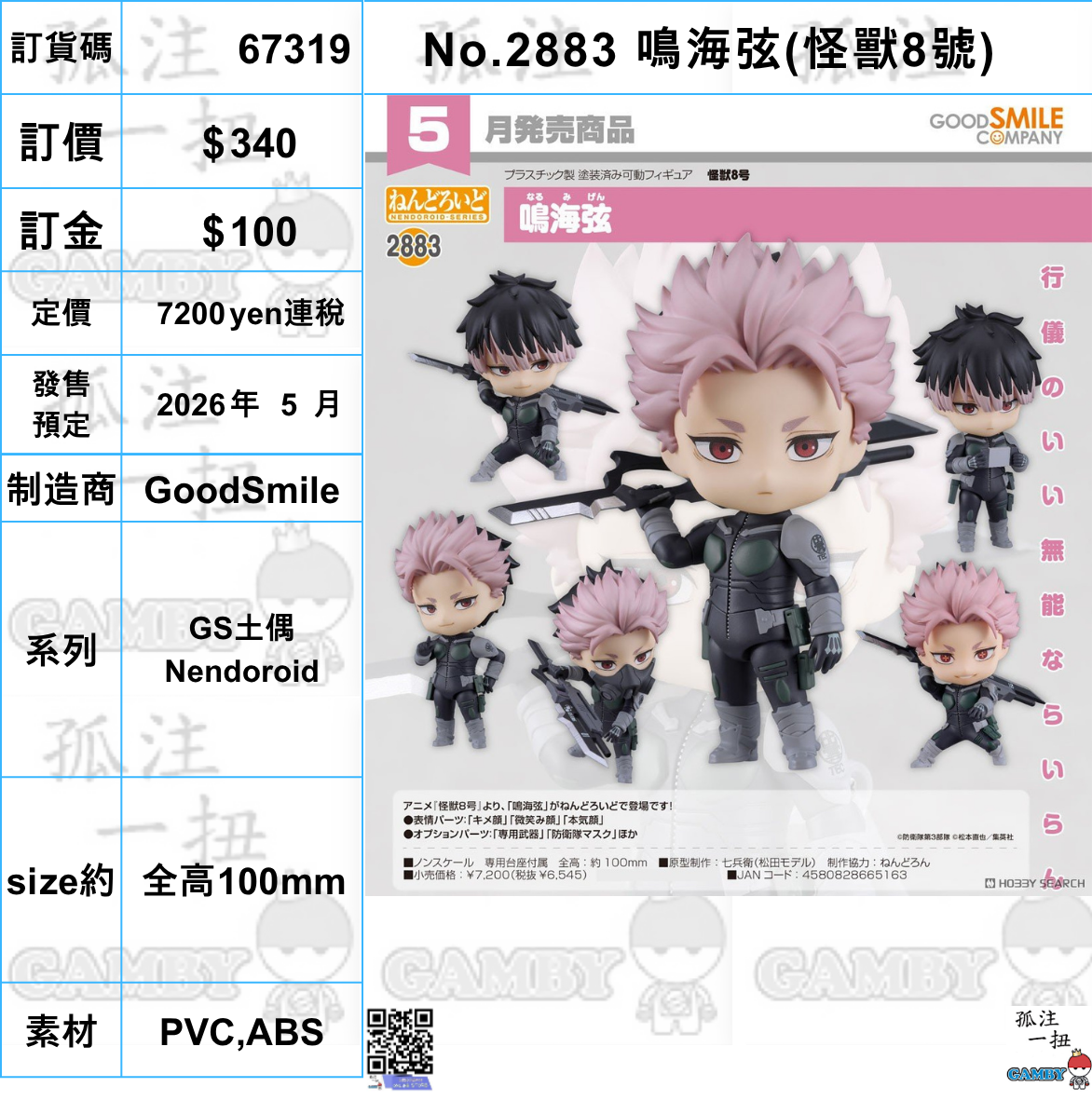 訂貨碼:67319 <訂價$340> #(免手續費)No.2883 鳴海弦(怪獸8號)=GS土偶Nendoroid