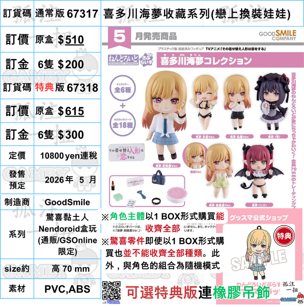 訂貨碼:67317&67318 <訂價$510&$615> #免手續費(原盒6pcs)喜多川海夢收藏系列(戀上換裝娃娃)=驚喜黏土人Nendoroid盒玩