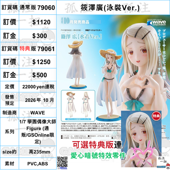 訂貨碼:79060&79061 <訂價$1120&$1250> #(免手續費)筱澤廣(泳裝Ver.)1/7 學園偶像大師 Figure