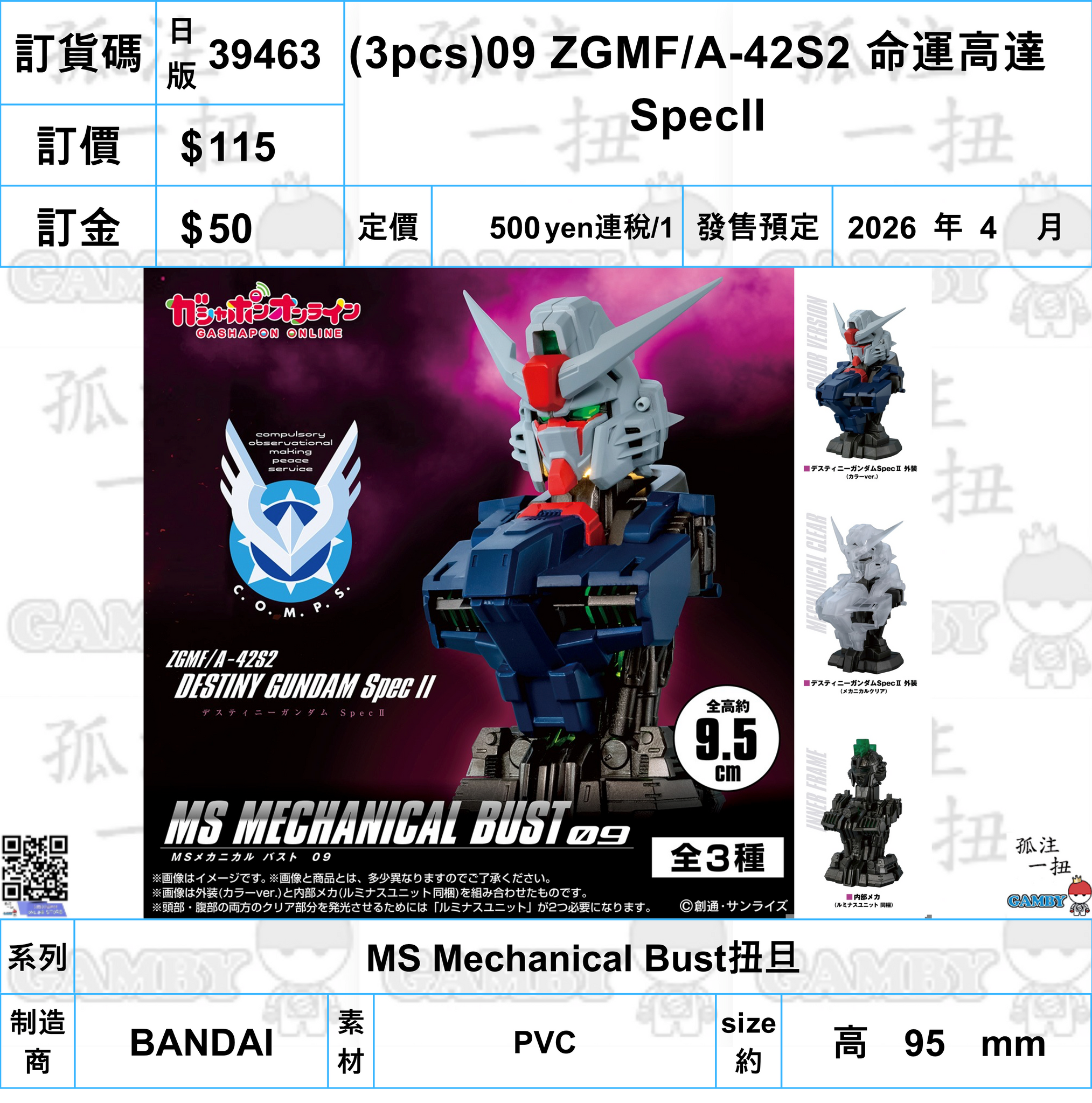 訂貨碼:39463 <訂價$115> #(免手續費)日版(3pcs)09 ZGMF/A-42S2 命運高達SpecII=MS Mechanical Bust扭旦