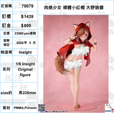 訂貨碼:79079 <訂價$1439> #(免手續費)肉感少女 裸體小紅帽 大野狼醬=1/6 Insight Original figure