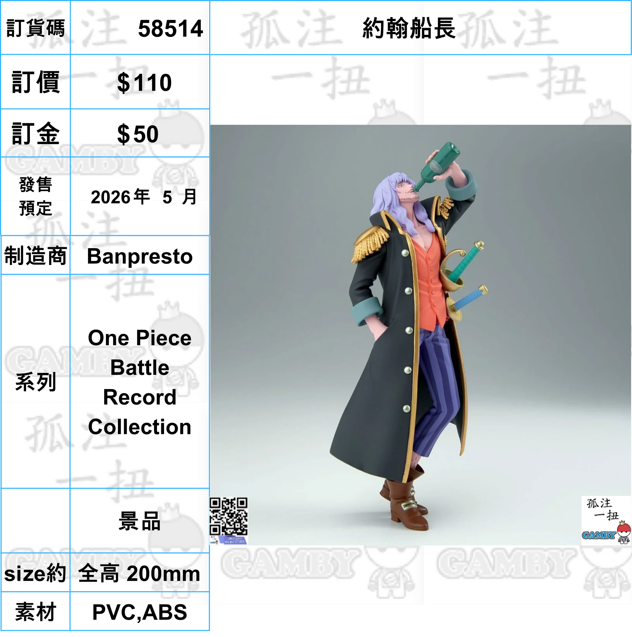 訂貨碼:58514 <訂價$110> #(免手續費)約翰船長=One Piece Battle Record Collection