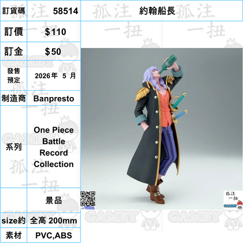 訂貨碼:58514 <訂價$110> #(免手續費)約翰船長=One Piece Battle Record Collection