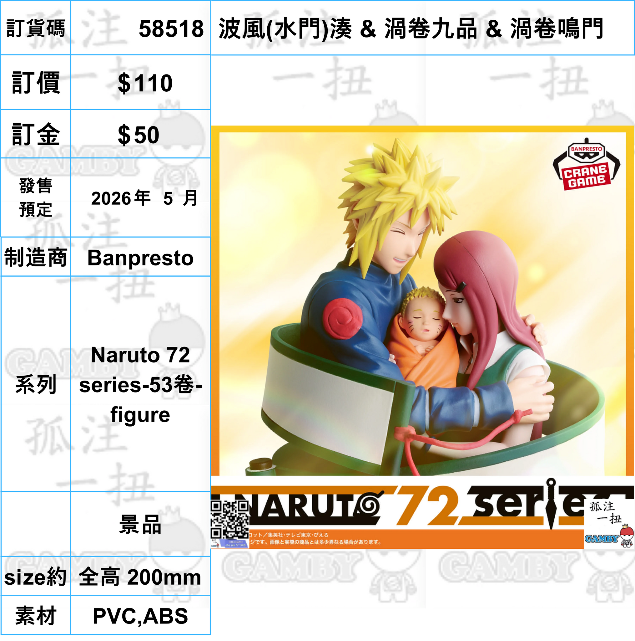 訂貨碼:58518 <訂價$110> #(免手續費)波風(水門)湊 & 渦卷九品 & 渦卷鳴門=Naruto 72 series-53卷- figure