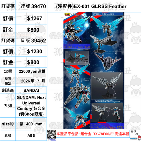 訂貨碼:39470&39452 <訂價$1267&1230> #(淨配件)EX-001 GLRSS Feather=GUNDAM: Next Universal Century 超合金