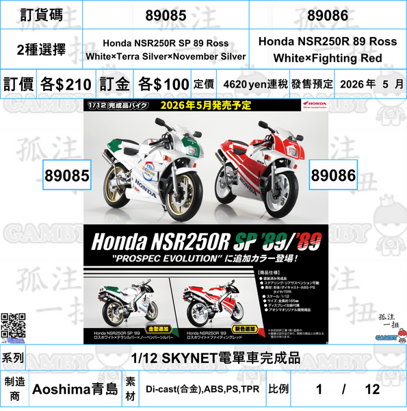 訂貨碼:89085&89086 <訂價各$210> #(免手續費)1/12 SKYNET電單車完成品