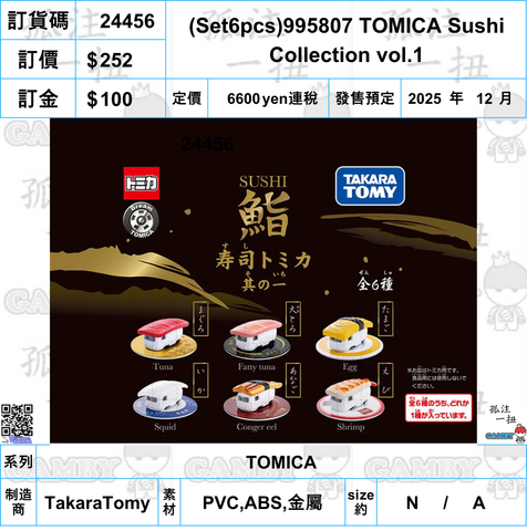訂貨碼:24456 <訂價$252> #(Set6pcs)995807 TOMICA Sushi Collection vol.1=TOMICA