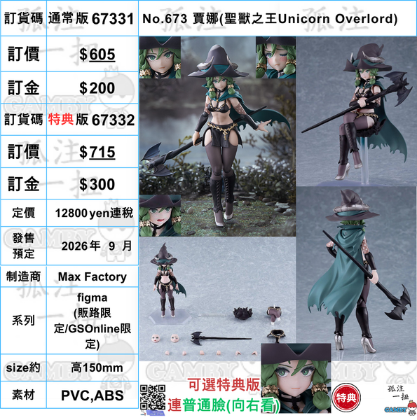 訂貨碼:67331&67332 <訂價$605&$715> #(免手續費)No.673 賈娜(聖獸之王Unicorn Overlord)=figma