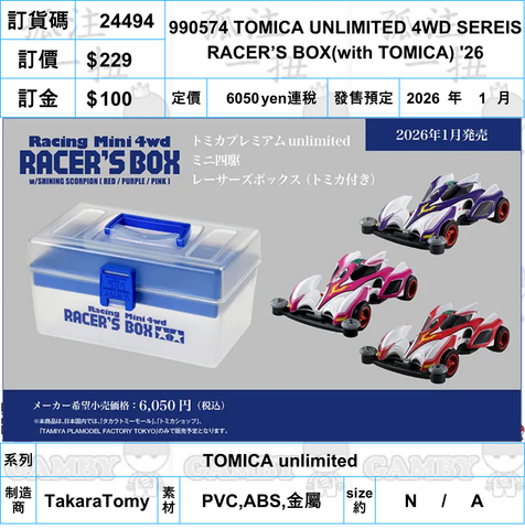 訂貨碼:24494 <訂價$229> #990574 TOMICA UNLIMITED 4WD SEREIS RACER’S BOX（with TOMICA '26=TOMICA