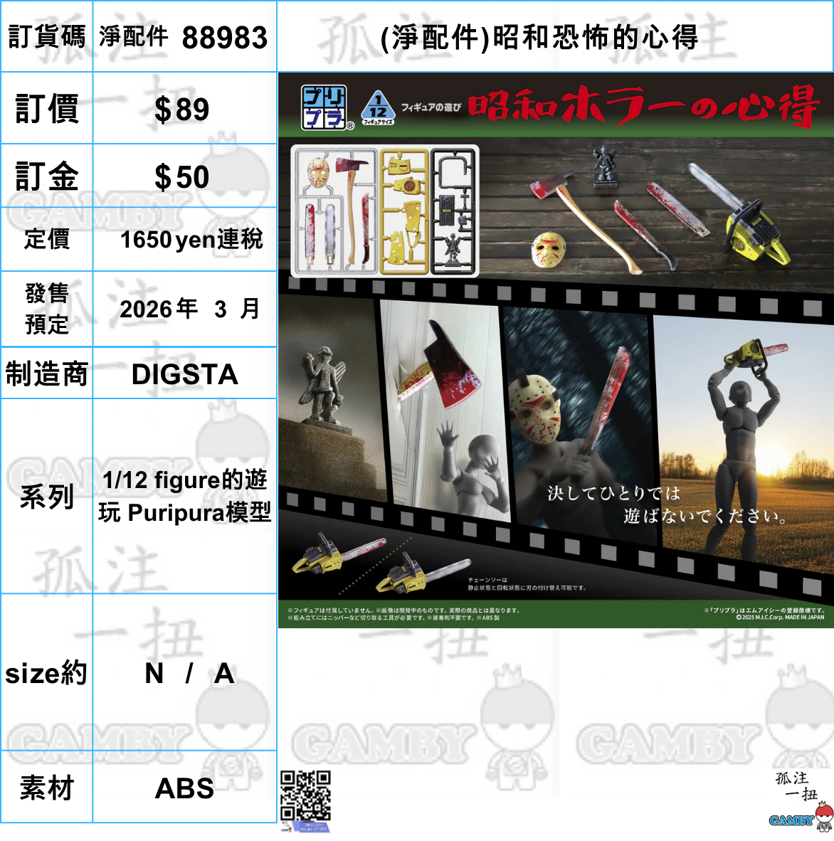 訂貨碼:88983 <訂價$89> #免手續費(淨配件)昭和恐怖的心得=1/12 figure的遊玩 Puripura模型