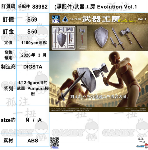 訂貨碼:88982 <訂價$59> #免手續費(淨配件)武器工房 Evolution Vol.1=1/12 figure用的武器 Puripura模型