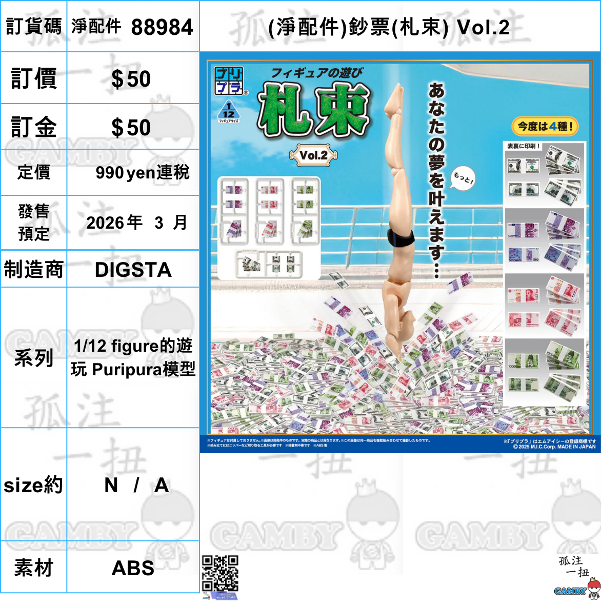 訂貨碼:88984 <訂價$50> #免手續費(淨配件)鈔票(札束) Vol.2=1/12 figure的遊玩 Puripura模型