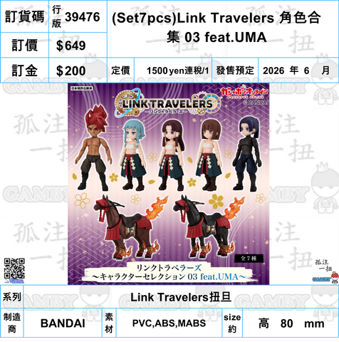 訂貨碼:39476 <訂價$649> #(免手續費)行版(Set7pcs)Link Travelers 角色合集 03 feat.UMA=Link Travelers扭旦