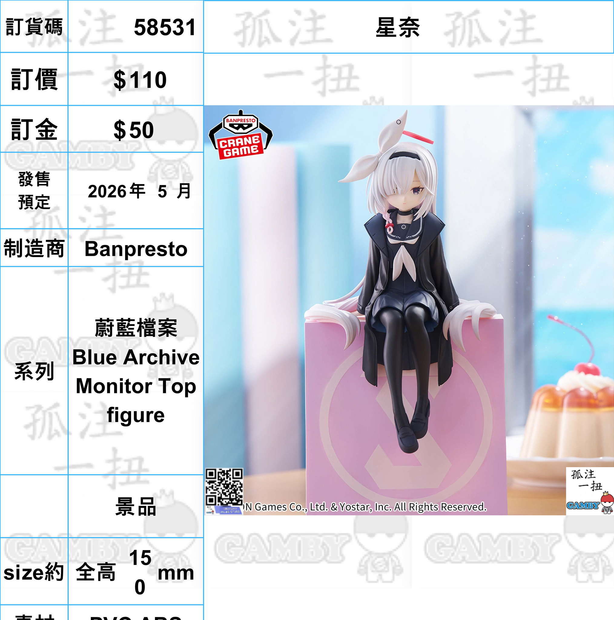 訂貨碼:58531 <訂價$110> #(免手續費)星奈=蔚藍檔案 Blue Archive Monitor Top figure