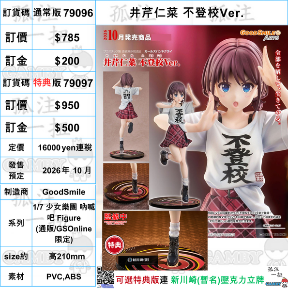 訂貨碼:79096&79097 <訂價$785&$950> #井芹仁菜 不登校Ver.=1/7 少女樂團 吶喊吧 Figure