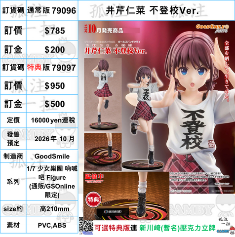 訂貨碼:79096&79097 <訂價$785&$950> #井芹仁菜 不登校Ver.=1/7 少女樂團 吶喊吧 Figure
