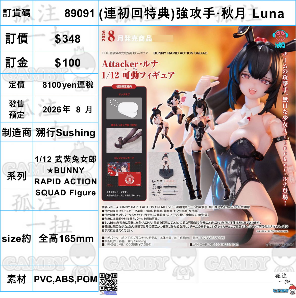 訂貨碼:89091 <訂價$348> #(連初回特典)強攻手·秋月 Luna=1/12 武裝兔女郎BUNNY RAPID ACTION SQUAD Figure