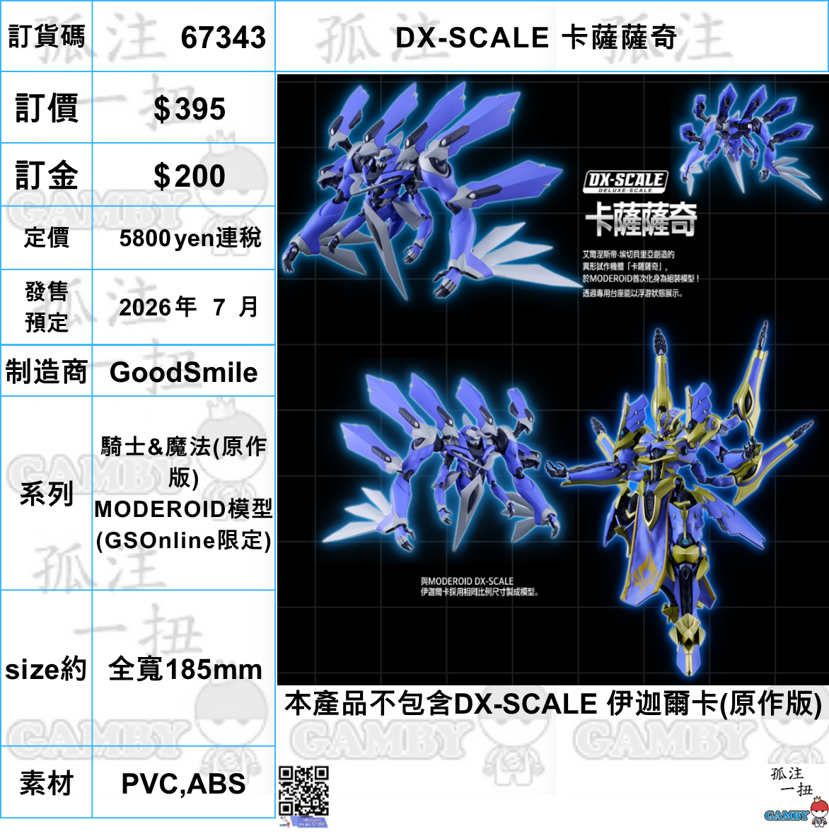 訂貨碼:67343 <訂價$395> #DX-SCALE 卡薩薩奇=騎士&魔法(原作版)MODEROID模型(GSOnline限定)