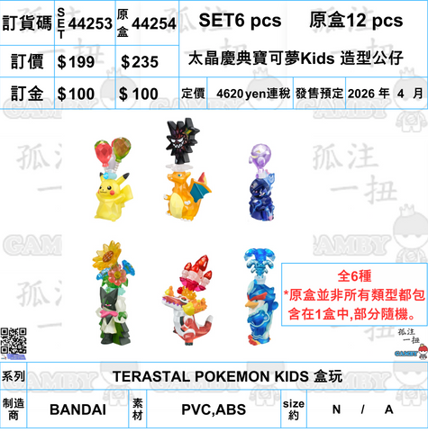 訂貨碼:44253&44254 <訂價$199&235> #(免手續費)太晶慶典寶可夢Kids 造型公仔=TERASTAL POKEMON KIDS 盒玩