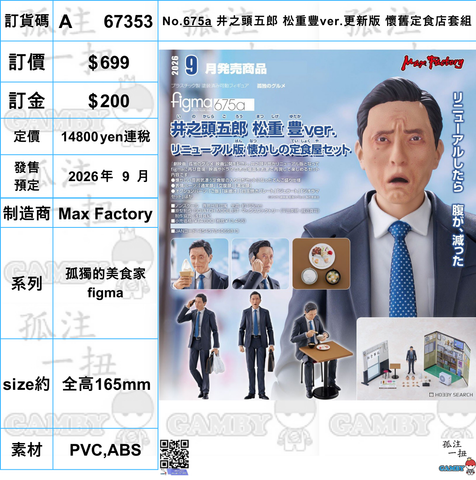 訂貨碼:67353 <訂價$699> #(免手續費)No.675a 井之頭五郎 松重豐ver.更新版 懷舊定食店套組=孤獨的美食家 figma