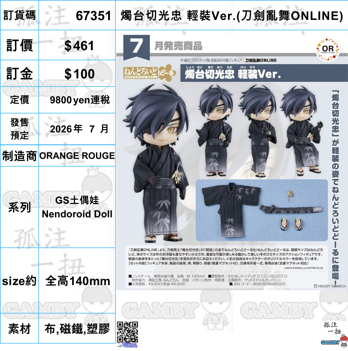 訂貨碼:67351 <訂價$461> #(免手續費)燭台切光忠 輕裝Ver.(刀劍亂舞ONLINE)=GS土偶娃Nendoroid Doll