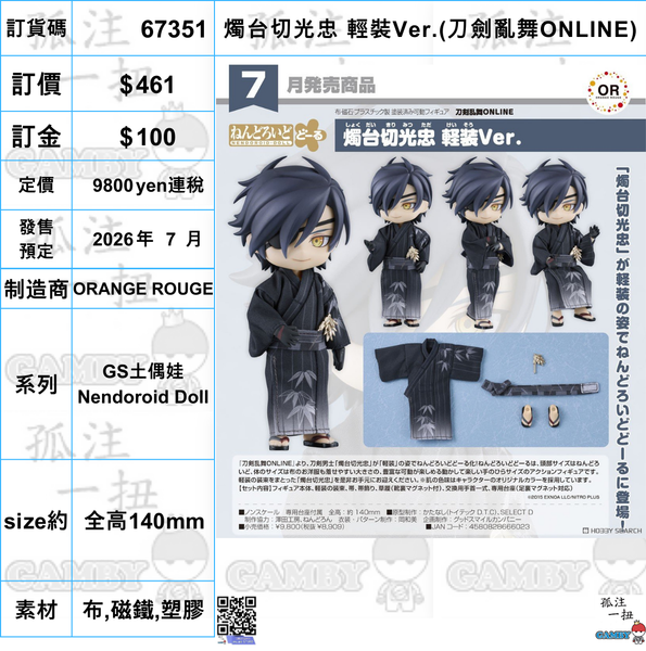 訂貨碼:67351 <訂價$461> #(免手續費)燭台切光忠 輕裝Ver.(刀劍亂舞ONLINE)=GS土偶娃Nendoroid Doll