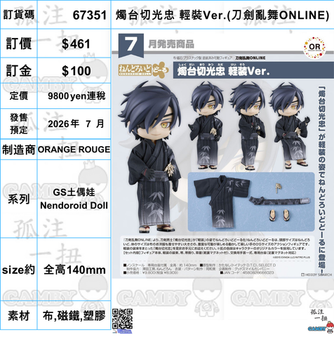 訂貨碼:67351 <訂價$461> #(免手續費)燭台切光忠 輕裝Ver.(刀劍亂舞ONLINE)=GS土偶娃Nendoroid Doll