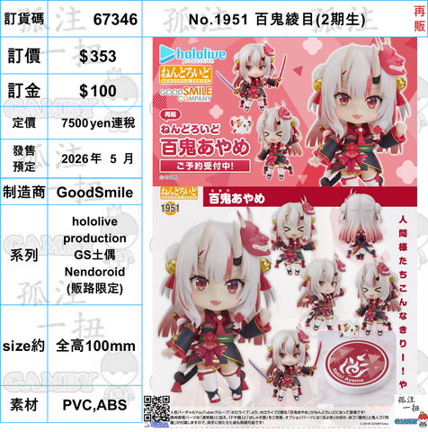 訂貨碼:67346 <訂價$354> #(免手續費)No.1951 百鬼綾目(2期生)再販=hololive production GS土偶Nendoroid