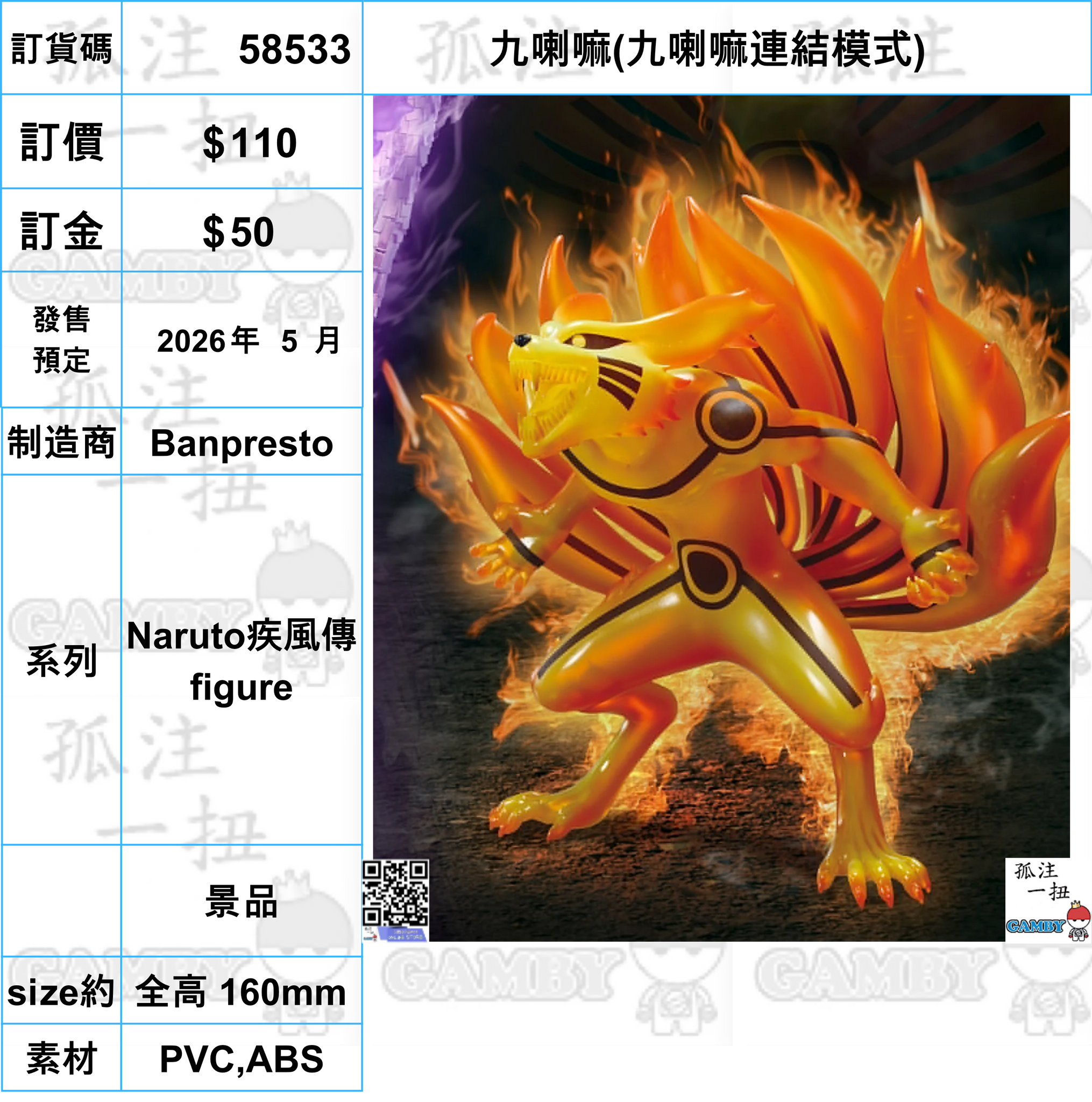 訂貨碼:58533 <訂價$110> #(免手續費)九喇嘛(九喇嘛連結模式)=Naruto疾風傳 figure