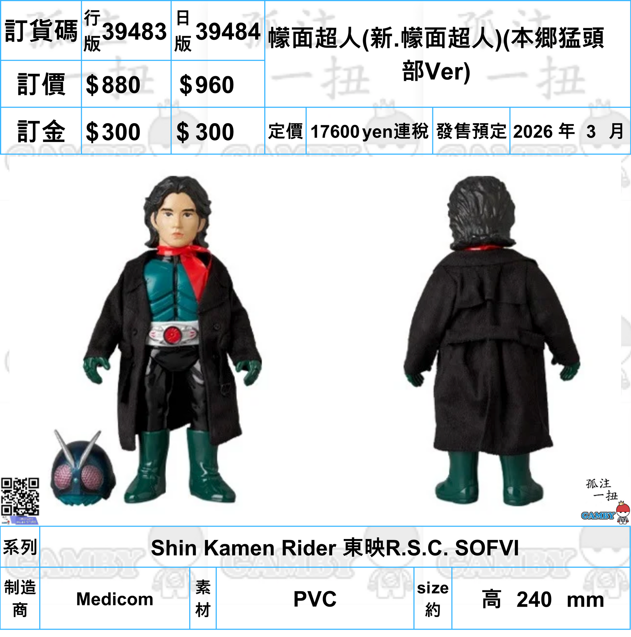 訂貨碼:39483&39484 <訂價$880&960> #幪面超人(新.幪面超人)(本郷猛頭部Ver)=Shin Kamen Rider 東映R.S.C. SOFVI