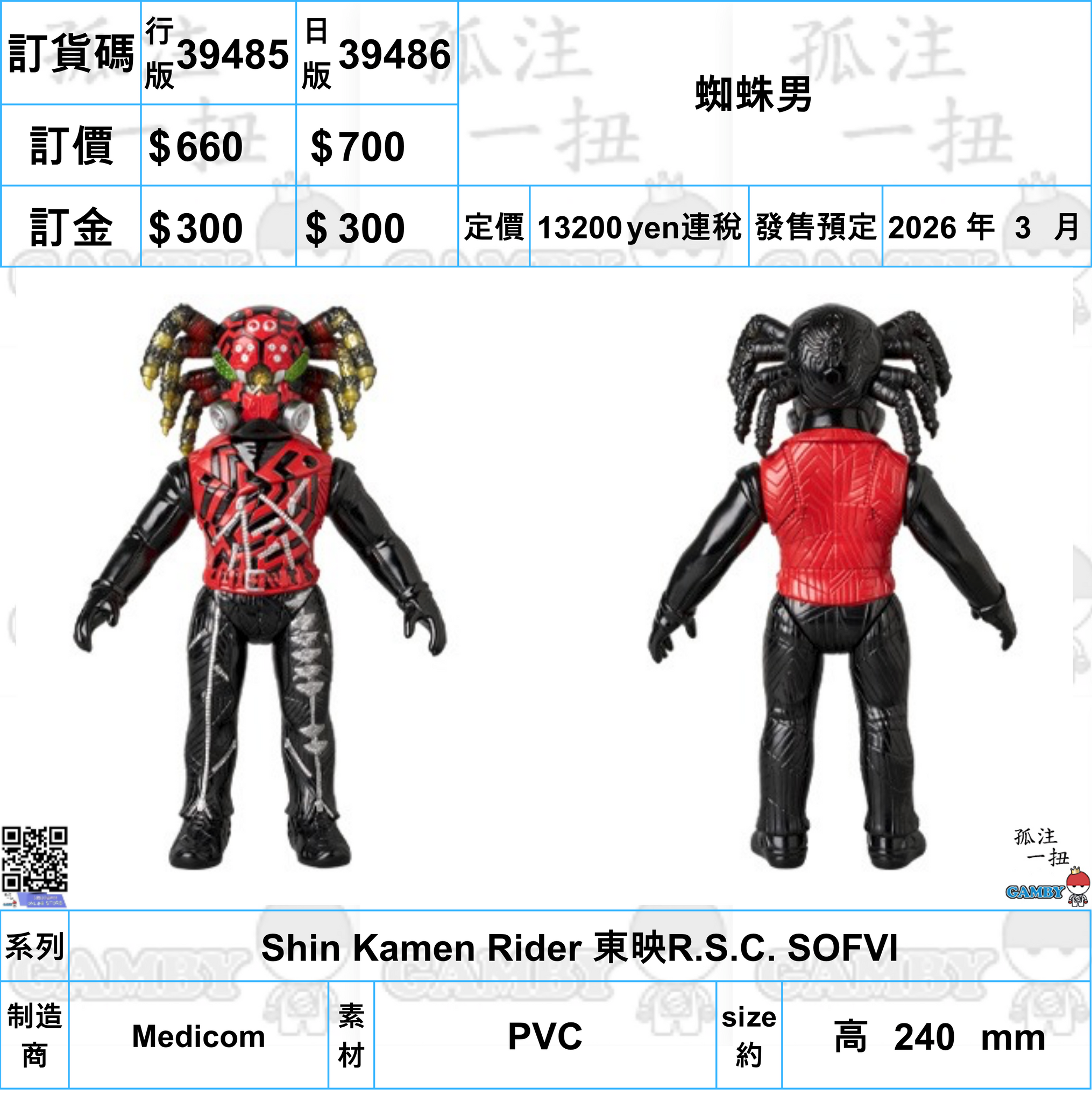 訂貨碼:39485&39486 <訂價$660&700> #蜘蛛男=Shin Kamen Rider 東映R.S.C. SOFVI