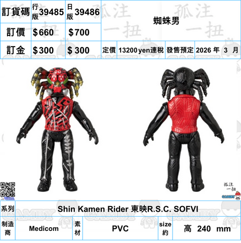 訂貨碼:39485&39486 <訂價$660&700> #蜘蛛男=Shin Kamen Rider 東映R.S.C. SOFVI
