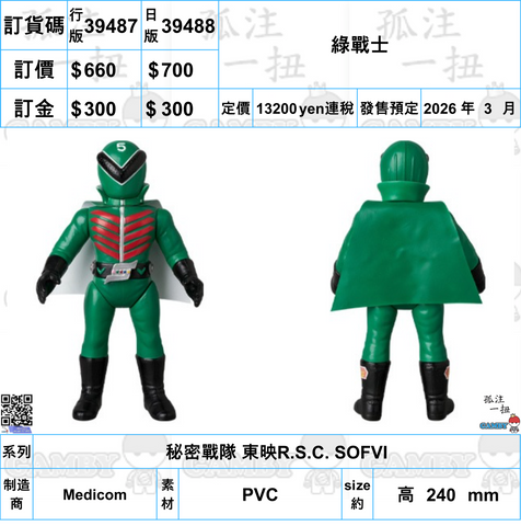 訂貨碼:39487&39488 <訂價$660&700> #綠戰士=秘密戰隊 東映R.S.C. SOFVI