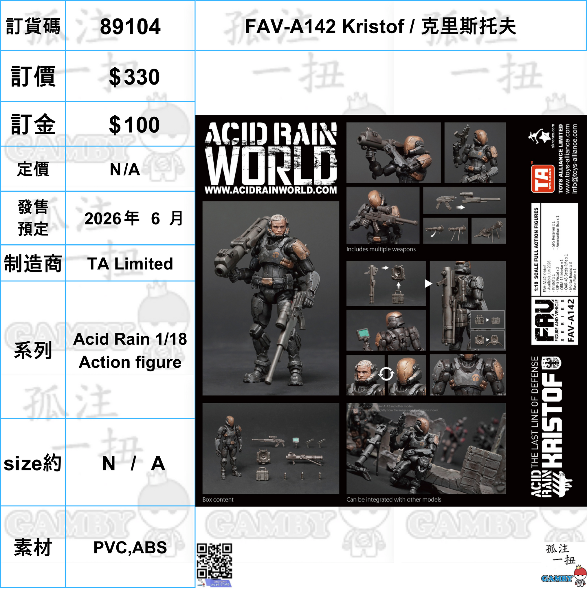 訂貨碼:89104 <訂價$330> #(免手續費)FAV-A142 Kristof / 克里斯托夫=Acid Rain 1/18 Action figure