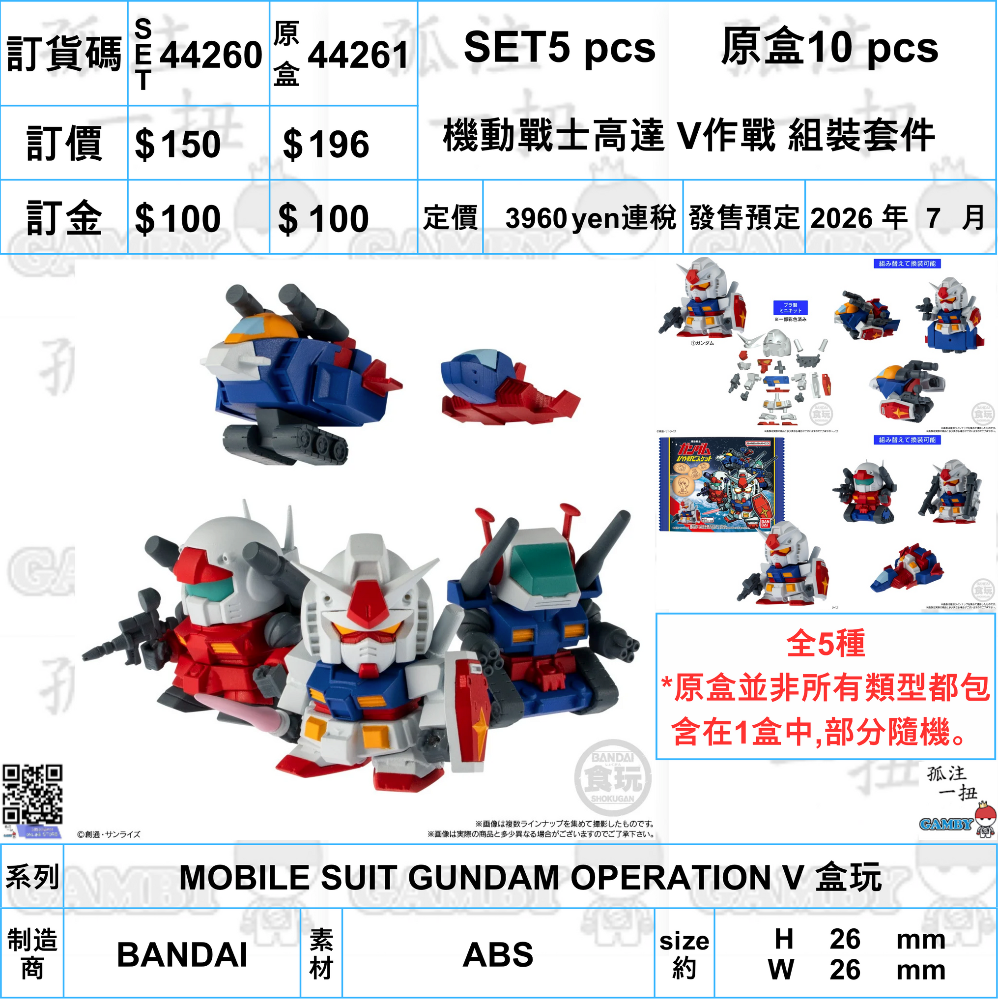 訂貨碼:44260&44261 <訂價$150&196> #(免手續費)機動戰士高達 V作戰 組裝套件=MOBILE SUIT GUNDAM OPERATION V 盒玩