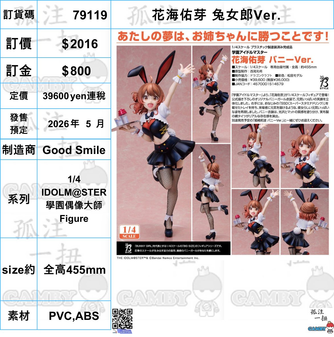 訂貨碼:79119 <訂價$2016> #(免手續費)花海佑芽 兔女郎Ver.=1/4 IDOLM@STER 學園偶像大師 Figure