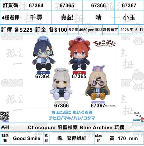訂貨碼:67364-67367 <訂價各$225> #(免手續費)千尋/真紀/晴/小玉=Chocopuni 蔚藍檔案 Blue Archive 玩偶
