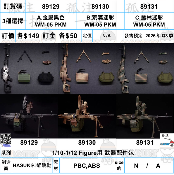 訂貨碼:89129-89131 <訂價各$149> #WM-05 PKM=1/10-1/12 Figure用 武器配件包