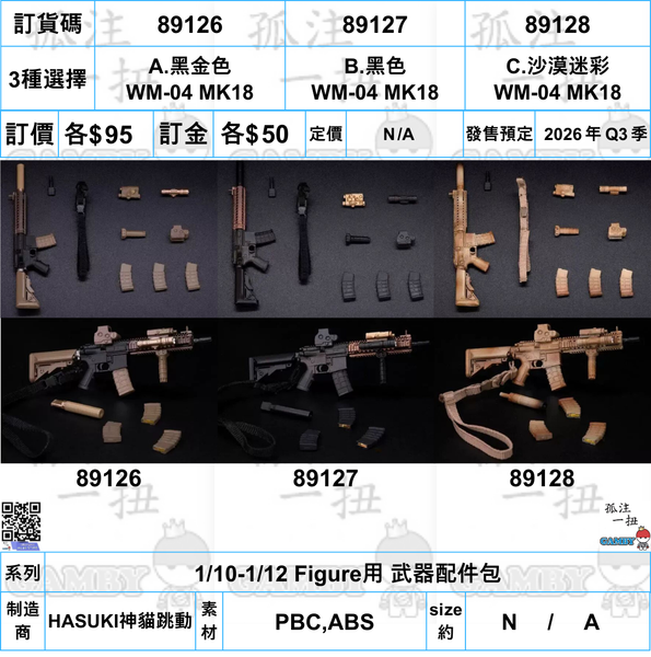 訂貨碼:89126-89128 <訂價各$95> #WM-04 MK18=1/10-1/12 Figure用 武器配件包