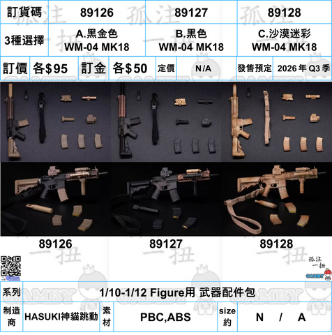 訂貨碼:89126-89128 <訂價各$95> #WM-04 MK18=1/10-1/12 Figure用 武器配件包