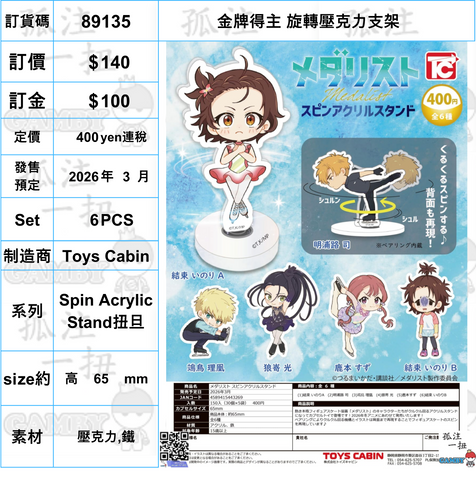 訂貨碼:89135 <訂價$140> #(免手續費)(Set6pcs)金牌得主 旋轉壓克力支架=Spin Acrylic Stand扭旦