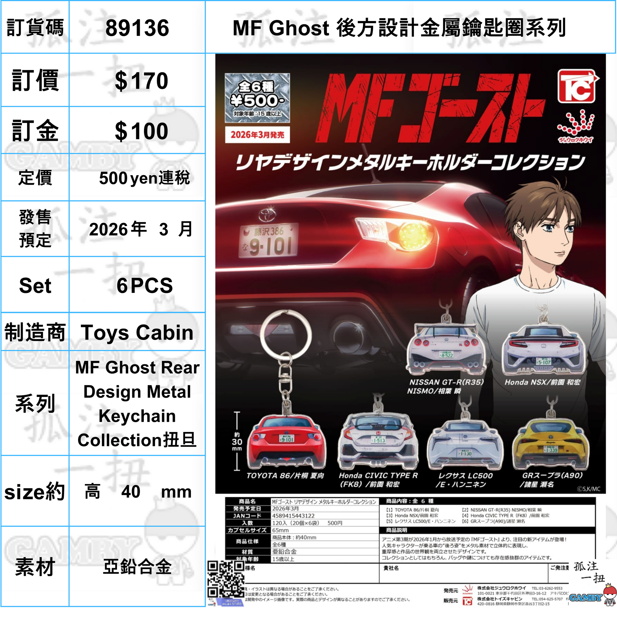 訂貨碼:89136 <訂價$170> #(免手續費)(Set6pcs)MF Ghost 後方設計金屬鑰匙圈系列=MF Ghost Rear Design Metal Keychain Collection扭旦