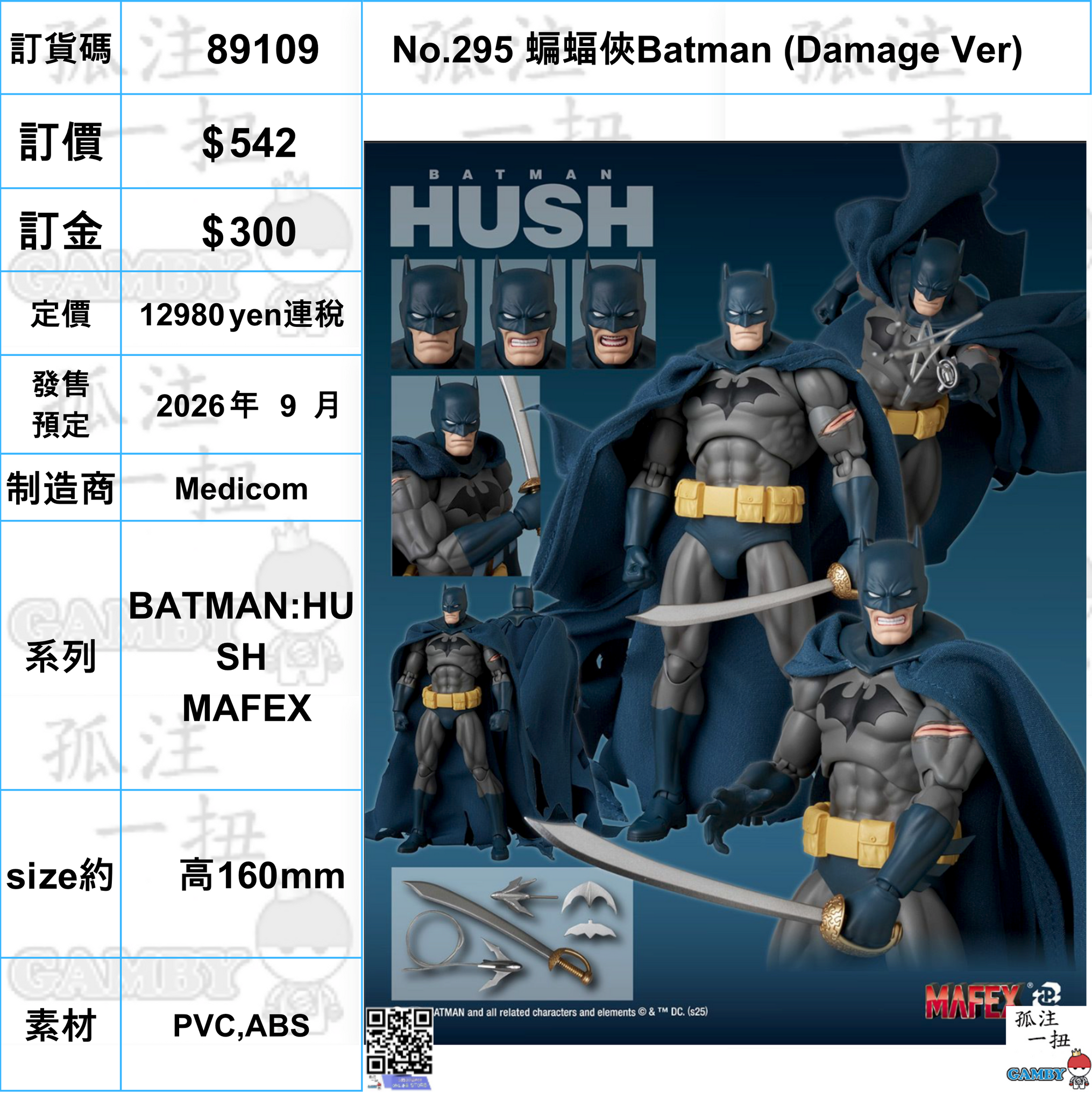 訂貨碼:89109 <訂價$542> #(免手續費)No.295 蝙蝠俠Batman (Damage Ver)=BATMAN:HUSH MAFEX