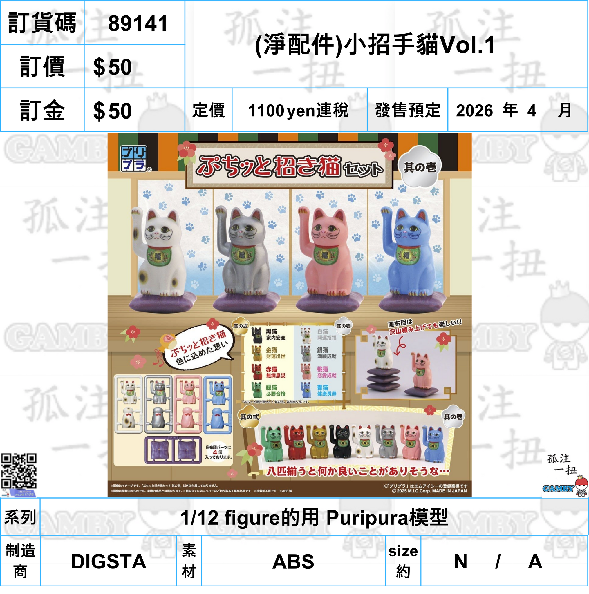 訂貨碼:89141 <訂價$50> #(淨配件)小招手貓Vol.1=1/12 figure的用 Puripura模型
