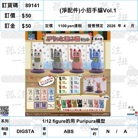 訂貨碼:89141 <訂價$50> #(淨配件)小招手貓Vol.1=1/12 figure的用 Puripura模型