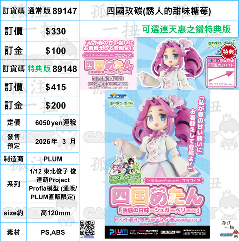 訂貨碼:89147&89148 <訂價$330&415> #四國玫碳(誘人的甜味糖莓)=1/12 東北俊子 俊達萌Project Profia模型